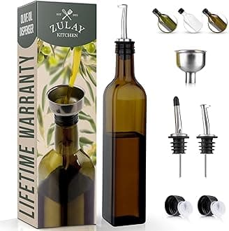 Zulay Kitchen (17oz) Olive Oil Dispenser Bottle For - Glass Olive Oil Bottle With 2 Spouts, 2 Removable Corks, 2 Caps, & 1 Funnel - Oil Bottle For & Storing Liquids (Dark Brown Bottle)