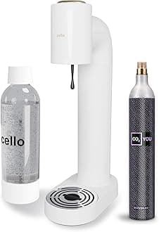 Cello Sparkling Water And Soda Maker Machine, In White With 1 Litre Reusable BPA-Free Water Bottle For Carbonating & 60 Litre Co2 Gas Cylinder No Electricty Required Sparkling Water Maker