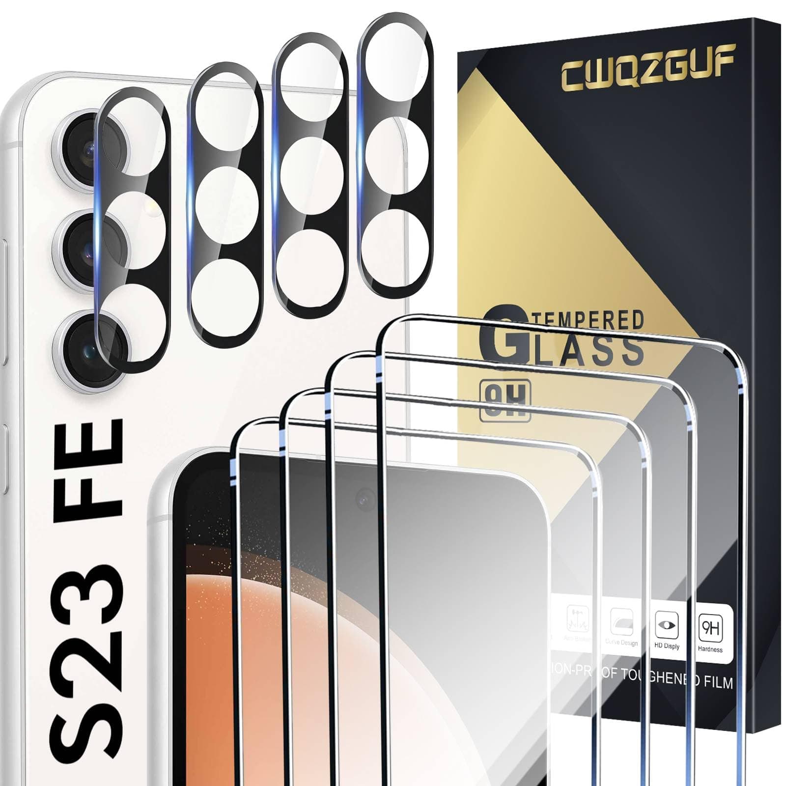 Galaxy S23 FE Screen Protector [4+4 Pack] Camera Lens Protector, Fingerprint Unlock Support, HD Tempered Glass, Touch Sensitive, Anti Scratch, for Samsung S23 FE 5G Glass Screen Protector