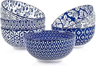Ceramic Cereal Bowls Set of 6, 24 Oz Deep Soup Bowls for Kitchen, 5.9 Inch Porcelain Dessert Bowls for Salad, Pasta, Oatmeal, Ramen, Microwave Dishwasher Safe, Gift, Set of 6, Vintage Blue