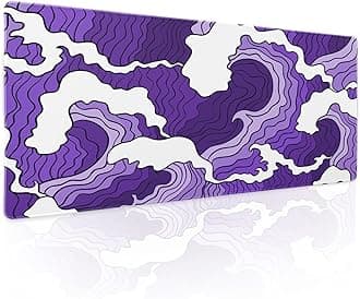 Japanese Purple White Wave Gaming Mouse Pad XL Cartoon Sea Texture Extended Large Desk Cover Big Table Mat Non-Slip Rubber Base Stitched Edge Long Keyboard Playmat Office,31.5×11.8 inch