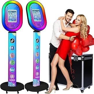 Photo Booth for iPad 10.2'' 10.5'' 10.9" 11" 12.9" 13" Shell Stand Selfie Station Customized Logo Photobooth Machine with Beauty RGB Ring Light and Flight Case for Events Wedding Parties