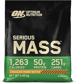 Optimum Nutrition Serious Mass Protein Powder High Calorie Weight Gainer with Vitamins, Minerals, Creatine and Glutamine, Chocolate Peanut Butter Flavour, 16 Servings, 5,45 kg
