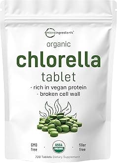 Organic Chlorella Tablets, 500mg Per Tablet, 720 Tabs (360 Grams), 4 Months Supply, Broken Cell Wall, Rich in Vegan Protein & Vitamins, No Filler, No Additives & Non-GMO | Pure Green Algae Superfood
