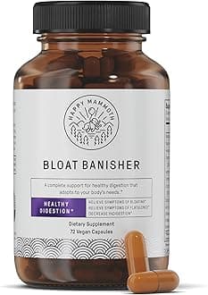 - Happy Mammoth Bloat Banisher Natural Relief for Bloating, Gas, Indigestion & Discomfort. Promotes Healthy Digestion of Even Difficult Foods Like Dairy, Breads, Pizza, Cheese & Meats. 72 Caps