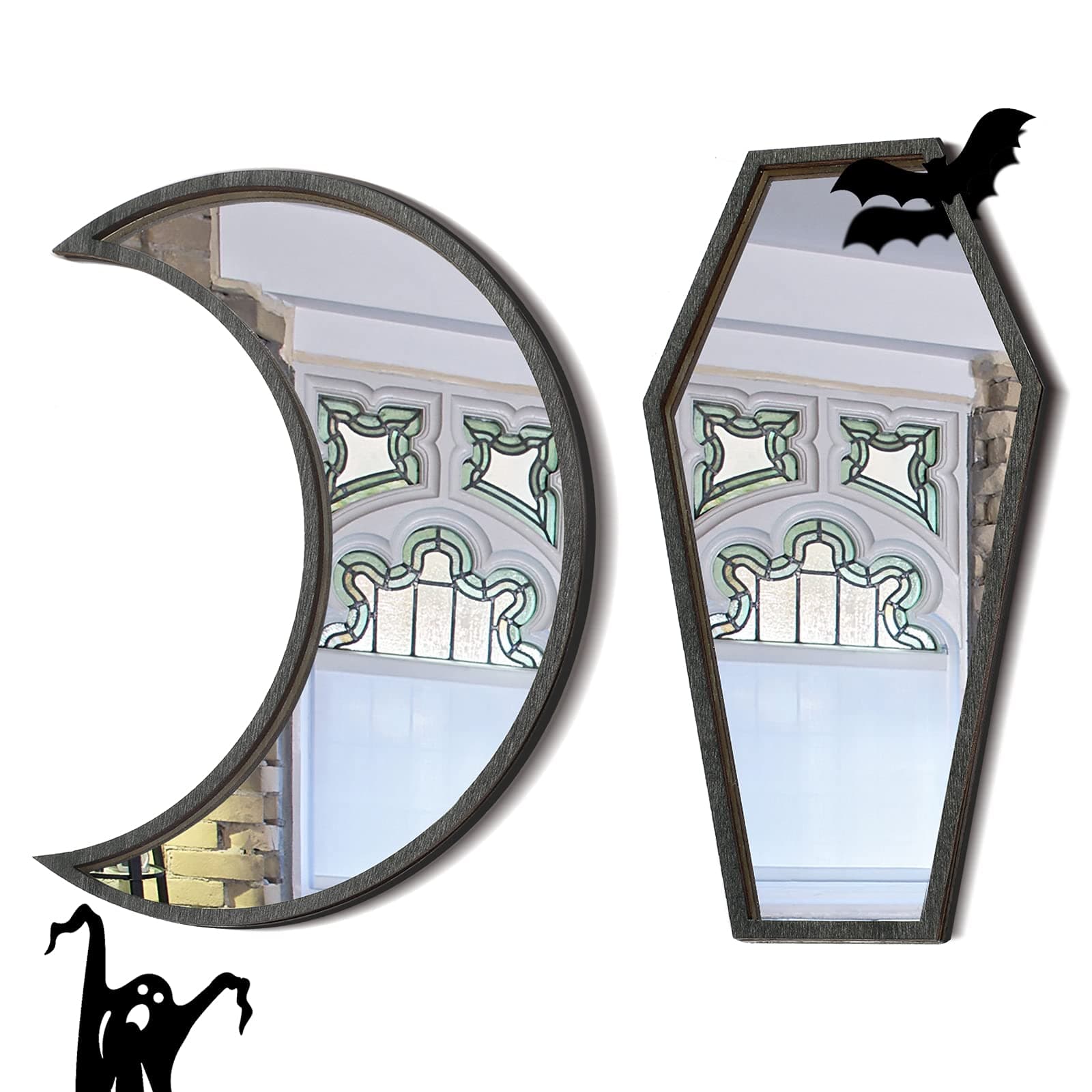 Marsui 2 Pieces Tiny Coffin Moon Mirror Cute Goth Room Decor Spooky Gothic Decorative Mirror Rustic Black Wall Decor Wall-Mounted for Halloween Indoor Decoration,6 Inches