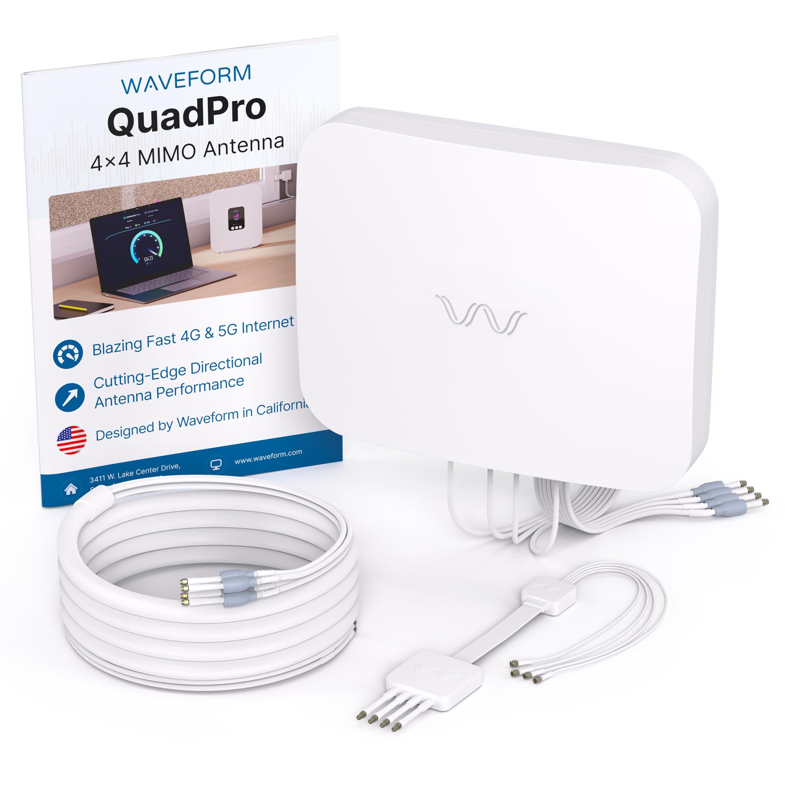 Waveform QuadPro 4x4 MIMO Panel Antenna | External Antenna for 4G/5G Routers & Gateways | For EE, Three, O2, and Vodafone | Complete Kit w/ 20' Cable & Window Entry
