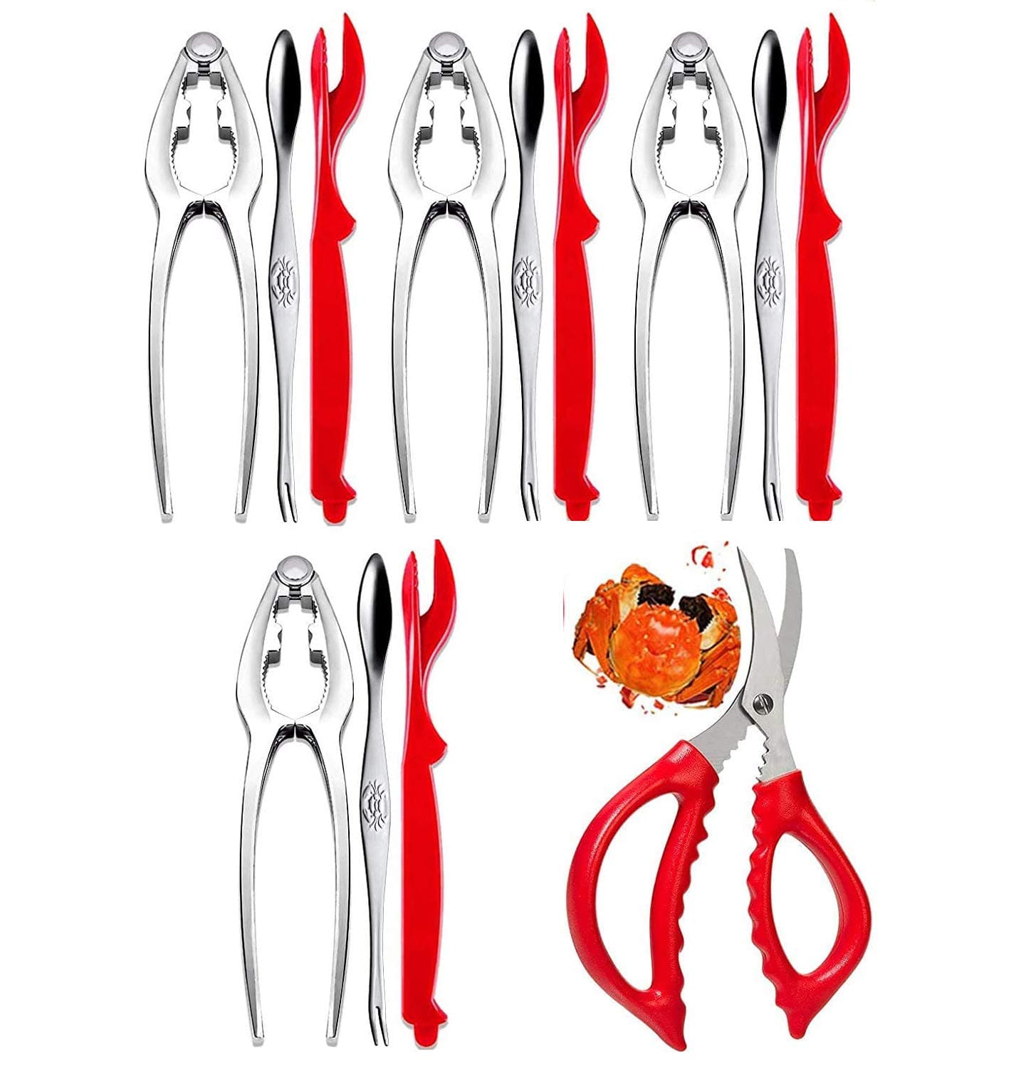 DELFINO 13 Pcs Crab Lobster Crackers Seafood Tools Set Includes 4 Crab Leg Crackers, 4 Lobster Shell Knife, 4 Crab Forks/Picks and 1 Seafood Scissors - Nut Cracker Set