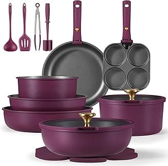 CAROTE 19pcs Pots and Pans Set, Nonstick Cookware Set Detachable Handle, Induction Kitchen Cookware Sets Non Stick with Removable Handle, RV Cookware Set, Gold and Purple