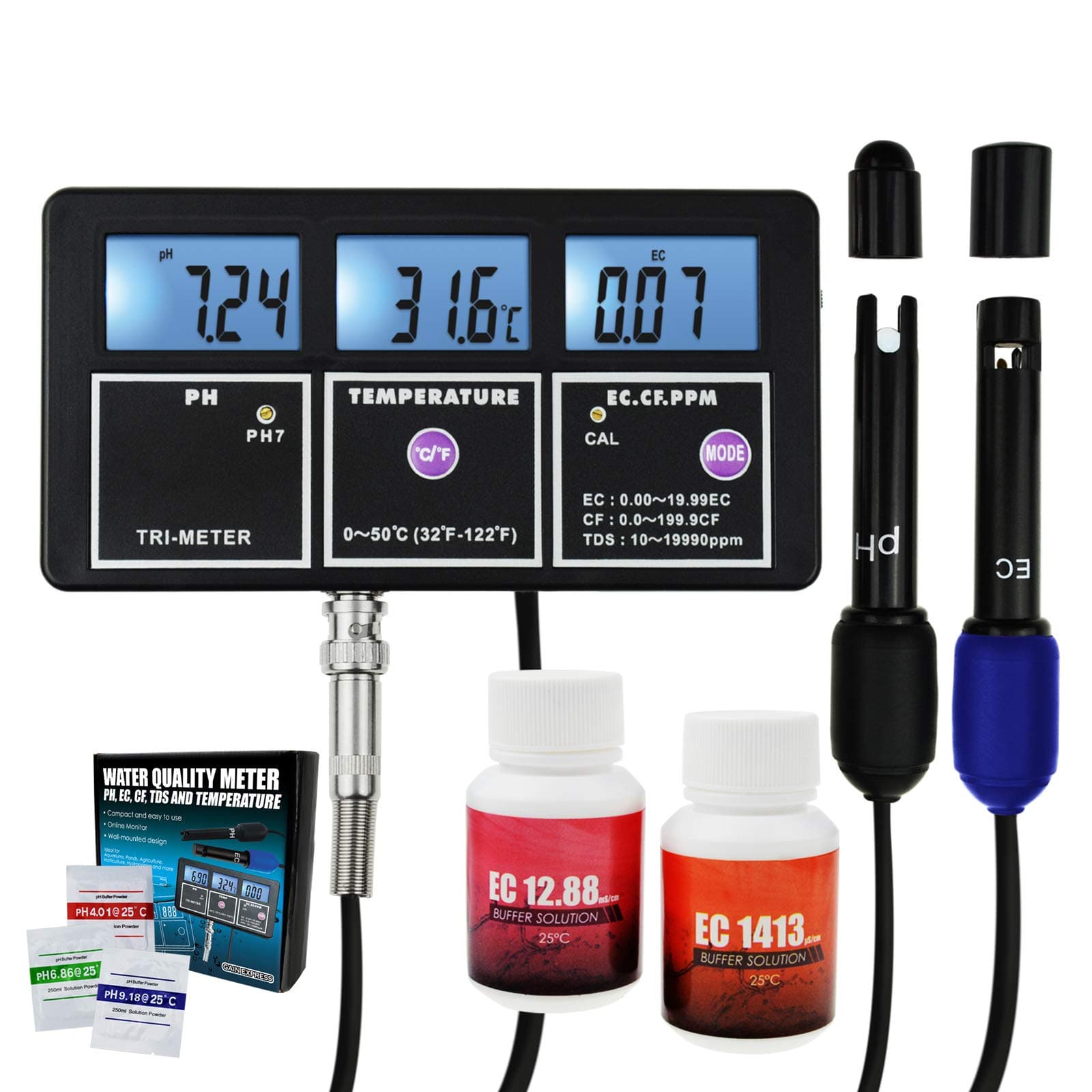 5-in-1 Water Quality Multi-parameter PH EC CF TDS (ppm) Temperature Test Meter Backlight, Wall-mountable Rechargeable Continuous Monitor Tester, Aquariums Hydroponics Pool Fish Tank Pond Drinking