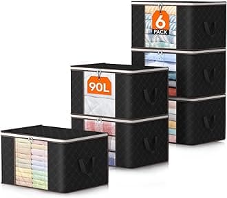 Lifewit 90L Large Storage Bags, 6 Pack Closet Organizers and Storage, Clothes Storage Bins with Lids, Foldable Storage Containers with Reinforced Handles for Clothing, Blanket Bedding Comforter Black