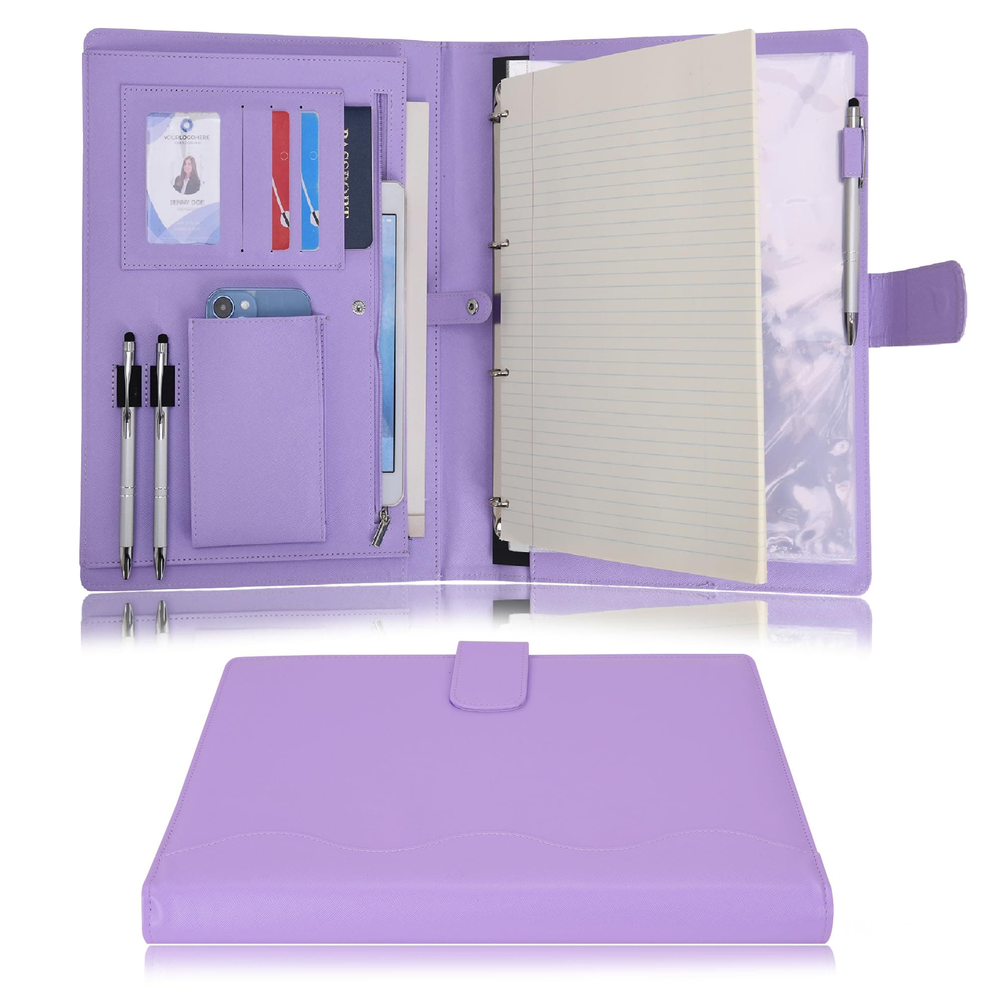 A4 PU Leather 4 Ring Holder Writing Portfolio Multi Document Case with Removable Binder Clipboard and Functional Pocket for Organizer Office Travel School (Purple)