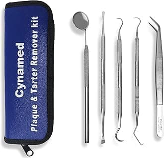 CynaMed Dental Tools Oral Care Kit (5-Pack) – Stainless Steel Dental Pick, Tartar Scraper, Scaler, Tweezers, and Mouth Mirror for Personal & Pet Use
