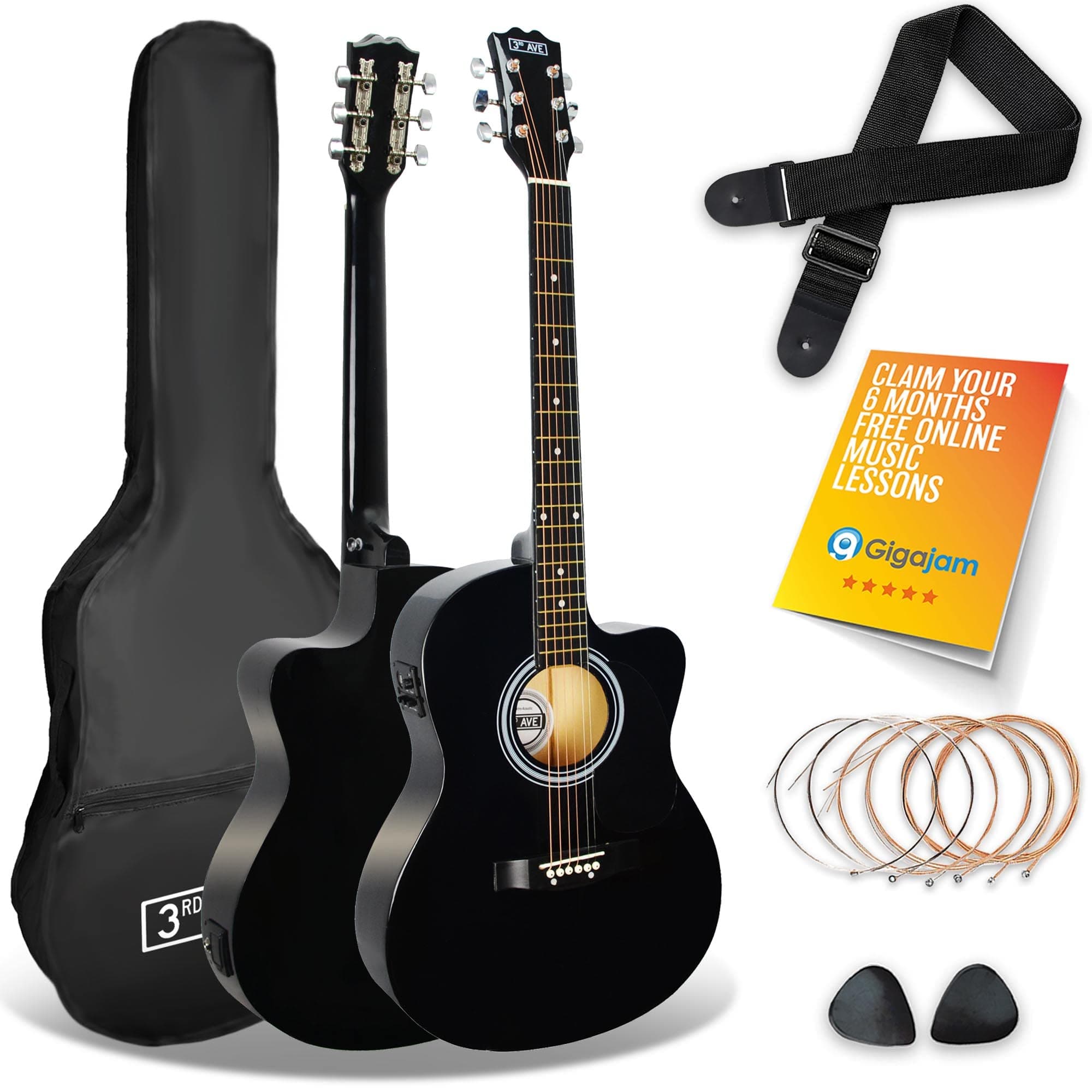 3rd Avenue 4/4 Standard Size Electric Acoustic Guitar Set with Cutaway for Beginners with 6 Months of FREE Lessons with EQ - Black