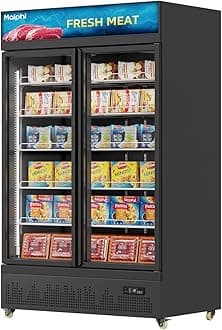 Malphi Commercial Refrigerator with Lighting Box 400Litre Upright Freezer -22℃ to -18℃ Self-Closing Door Display Fridge H1980xD750xW750mm Adjustable Shelves for Ice Cream Meat (Black, Double Doors)