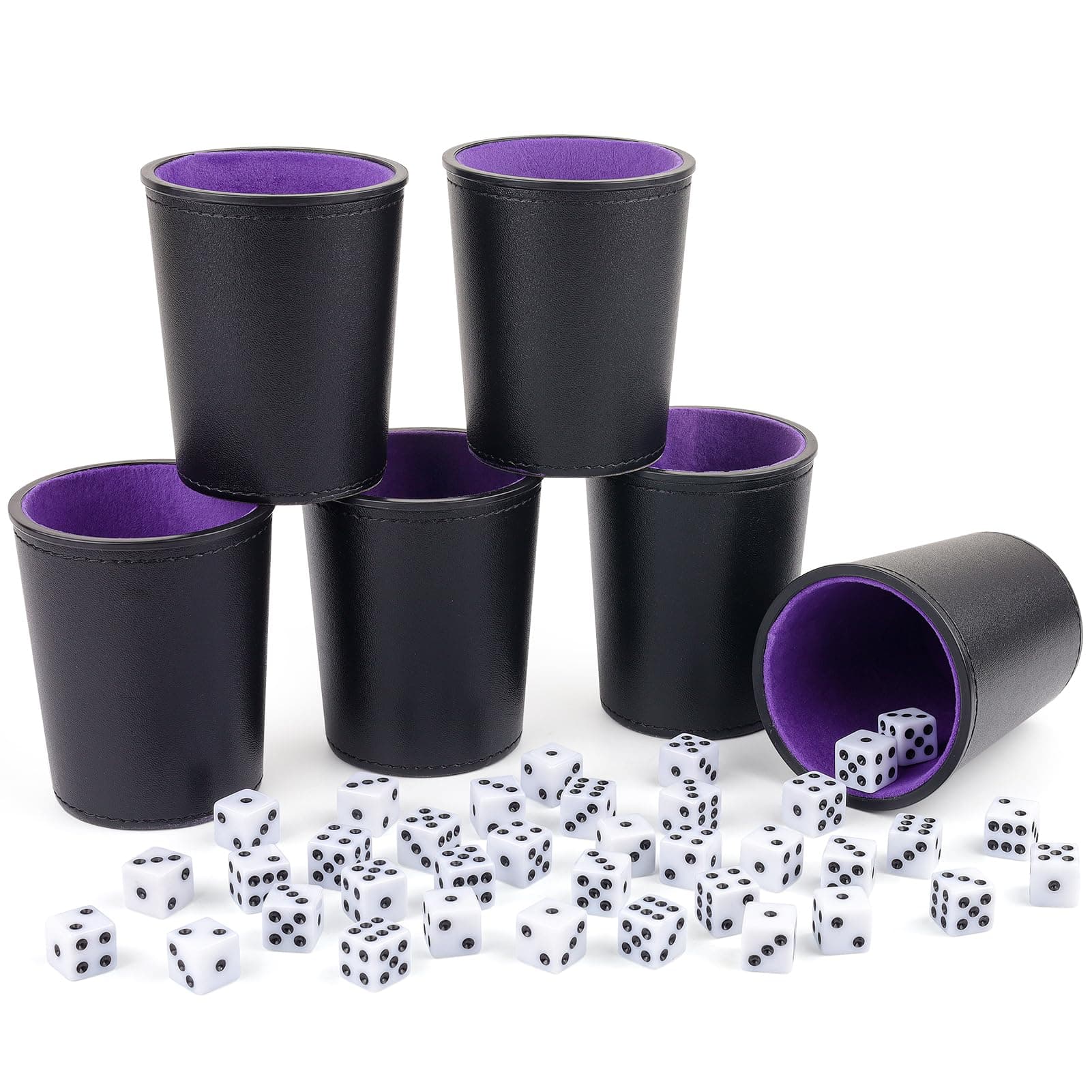 Black PU Leather Dice Cup with Purple Felt Lining Sets, Includes 6 Dice Shakers and 36 White Dice for Yahtzee Farkle Dice Game