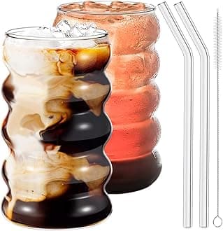 2 Pcs Drinking Glasses with Glass Straws, 20oz Iced Coffee, Milk Tea, Fruit Smoothie Glasses - Ideal for Water, Soda, Tea - Gift Set with Cleaning Brush