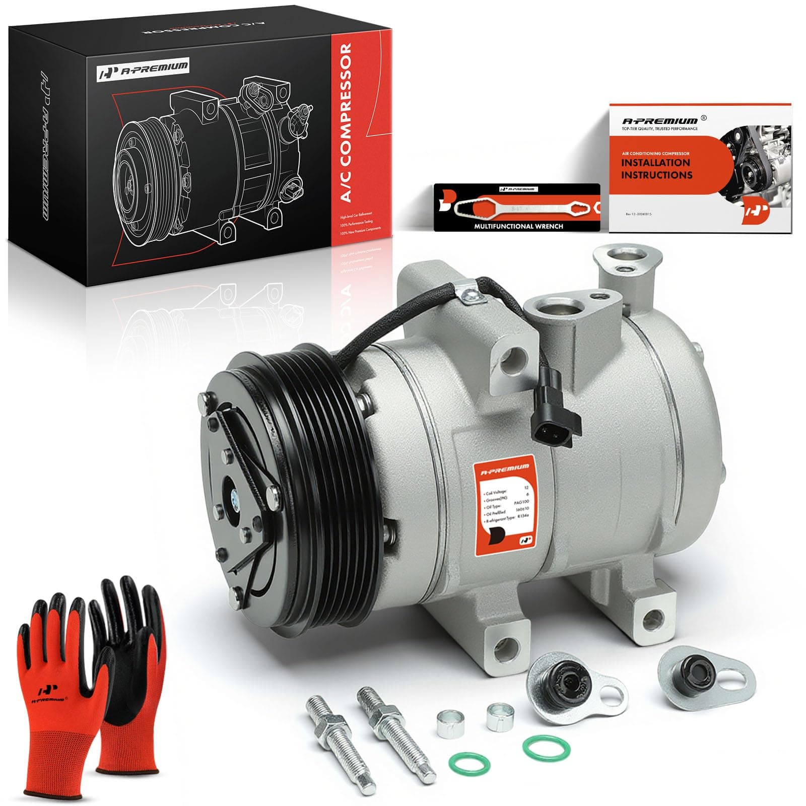 A-Premium A/C Compressor with Clutch Compatible with Ford E-150 E-250, E-350 E-450 Super Duty, Mustang, FS18 Compressor, 6 Grooves