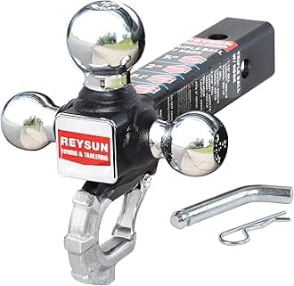 REYSUNTrailer Hitch Tri Ball Mount with Hook, Tactical Tow Hook, Fits 2 inch Hitch Receiver, Secure with Self-Lock Latch, Chrome Ball