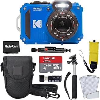 Kodak PIXPRO WPZ2 Rugged Waterproof Shockproof Digital Camera 16MP 4X Optical Zoom 1080P Full HD Video, 2.7 LCD (Blue), 32GB SD Card, Black Compact Camera Case, Floating Strap, Bundle (7 Items)