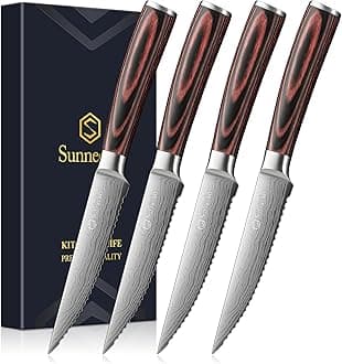 Sunnecko Razor-Sharp Steak Knives Set of 4,Premium Stainless Steel Serrated Steak Knife Set,Pakkawood Handle 4.5 Inch Kitchen Steak Knife with Gift Box