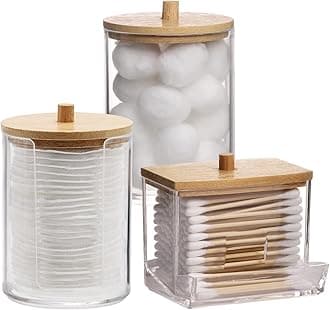 Tbestmax Bathroom Organizer Accessories Set-10 OZ Qtips Holder Storage with Bamboo Lids, Cotton Ball/Swabs Dispenser, Apothecary Container Jar 3 Pcs