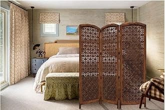 Room Divider Wood Floor Screen - Taj Antique Brown - Handcrafted 60 x 72 Three Folding Panel Partition - Free Standing Portable Reversible Small Space Privacy Decorative Screen - Cotton Craft