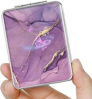 Pocket Mirror, Small Travel Mirror with Magnification, Portable Double-Sided Magnifying Cosmetic Mirror for Daily (Purple Butterfly)