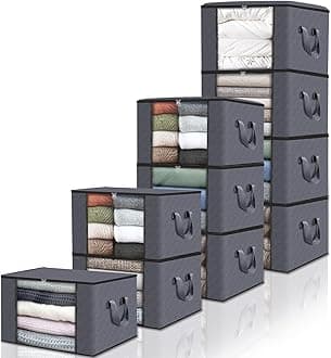 Fab totes 10 Pack Clothes Storage, Foldable Thick Fabric Blanket Storage Bags, Storage Containers for Organizing Bedroom, Closet, Clothing, Comforter, Organization and Storage with Handle,Grey