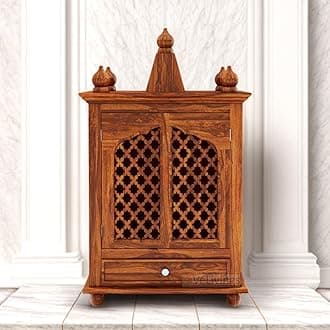 Solid Sheesham Wood Temple for Home and Office | Wooden Pooja Mandir for Puja Room with 1 Drawer Storage and 2 Door | Wood Pooja Mandap (Rosewood, Honey Finish)