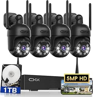 [3K, 360° View] 5MP Wireless Security Camera System, 4pcs 3K PTZ Cameras Outdoor Indoor, C102 Dual WiFi Surveillance System NVR with 4LED Floodlights & Siren Alarm, 2 Way Audio,Motion Sensor,1TB HDD