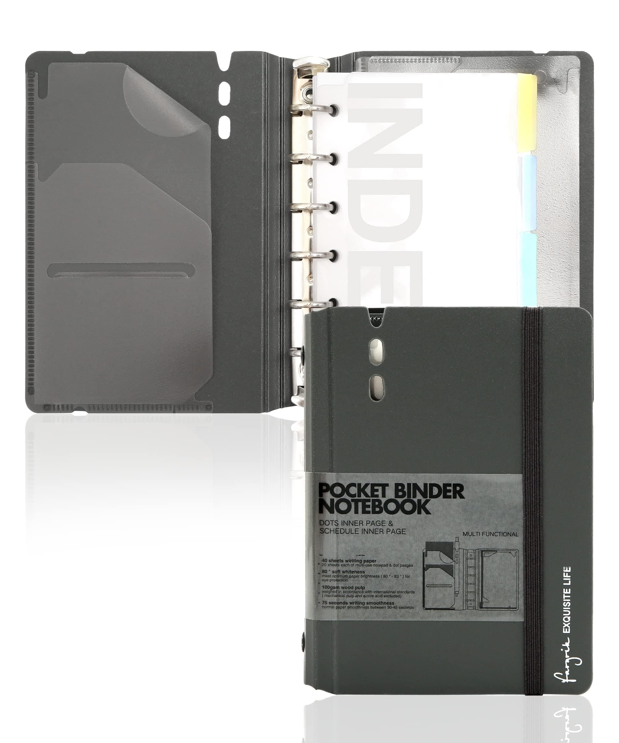 CAGIE A7 Binder 6 Ring Notebook with Dividers Refillable Planner Binder with Pockets, A5 Refill Paper Include Planning Square Ruled and Dotted Pages, 4.13 x 5.71 In, (Grey, A7 Hourly&Dot Page)