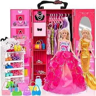 Fashion Closet for 11.5 Inch Doll - 107 Items Dream Wardrobe With Clothes, Accessories, Shoes Rack, Dress, Hangers, Necklace and More (No Doll Included)