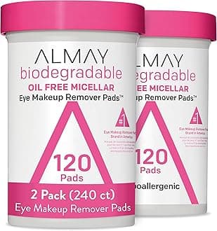 AlmayBiodegradable, Oil-Free Micellar Eye Makeup Remover Pads, Hypoallergenic, Cruelty Free, Fragrance Free Cleansing, Pack of 2