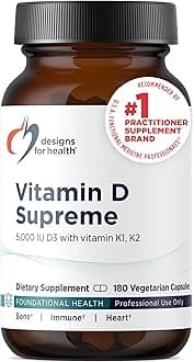 Designs for Health Vitamin D Supreme - Vitamin D 5000 IU with 2000mcg Vitamin K as MK4 for Bone Health, Heart Health, Mood & Immune Support - Vitamin D3 Enhanced with GG Supplement (180 Capsules)