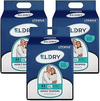 Eldry Adult Diaper, Tape Style, Extra Large (XL) Size, 30 Count, Unisex, Waist Size (50-68 Inch | 127-172 cm), Super Absorbent Core, Wetness Indicator, Overnight Protection, Pack of 3