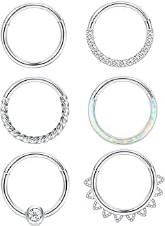 CASSIECA 18G 16G Surgical Steel Nose Rings Hoop Clicker Septum Rings for Women Men CZ Opal Cartilage Hoop Earrings Helix Daith Rook Lip Conch Hoop Body Piercing Jewelry 8MM 10MM