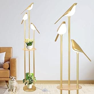 Golden Living Room Floor Lamp with Shelves - Mid Century Modern Floor Lamp with 3 Adjustable Led Bird Lights, High Corner Lamp with Table, Stand