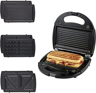 3 in 1 Electric Sandwich Maker, Panini Press Grill and Waffle Iron Set with Removable Non-Stick Plates, Perfect for Cooking Grilled Cheese, Tuna Melts, Burgers, Steaks and Snacks, Black GPI302B
