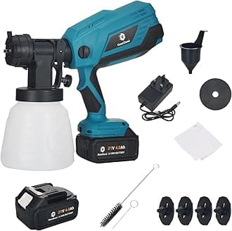 Cordless Paint Sprayer with 2 Batteries 2 * 21V 4.0Ah Cordless Spray Paint Machine 5 Nozzles 3 Patterns 1000ml Battery Powered Paint Sprayer High Pressure Electric for Home Furniture (Blue)