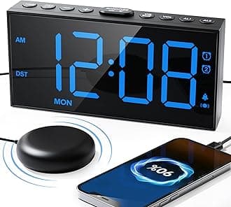 Roxicosly Vibrating Alarm Clock with Bed Shaker for Heavy Sleepers Adults, Dual Alarms for Weekday & Weekend, Large Display, Snooze, USB Charging Port, 12/24H DST