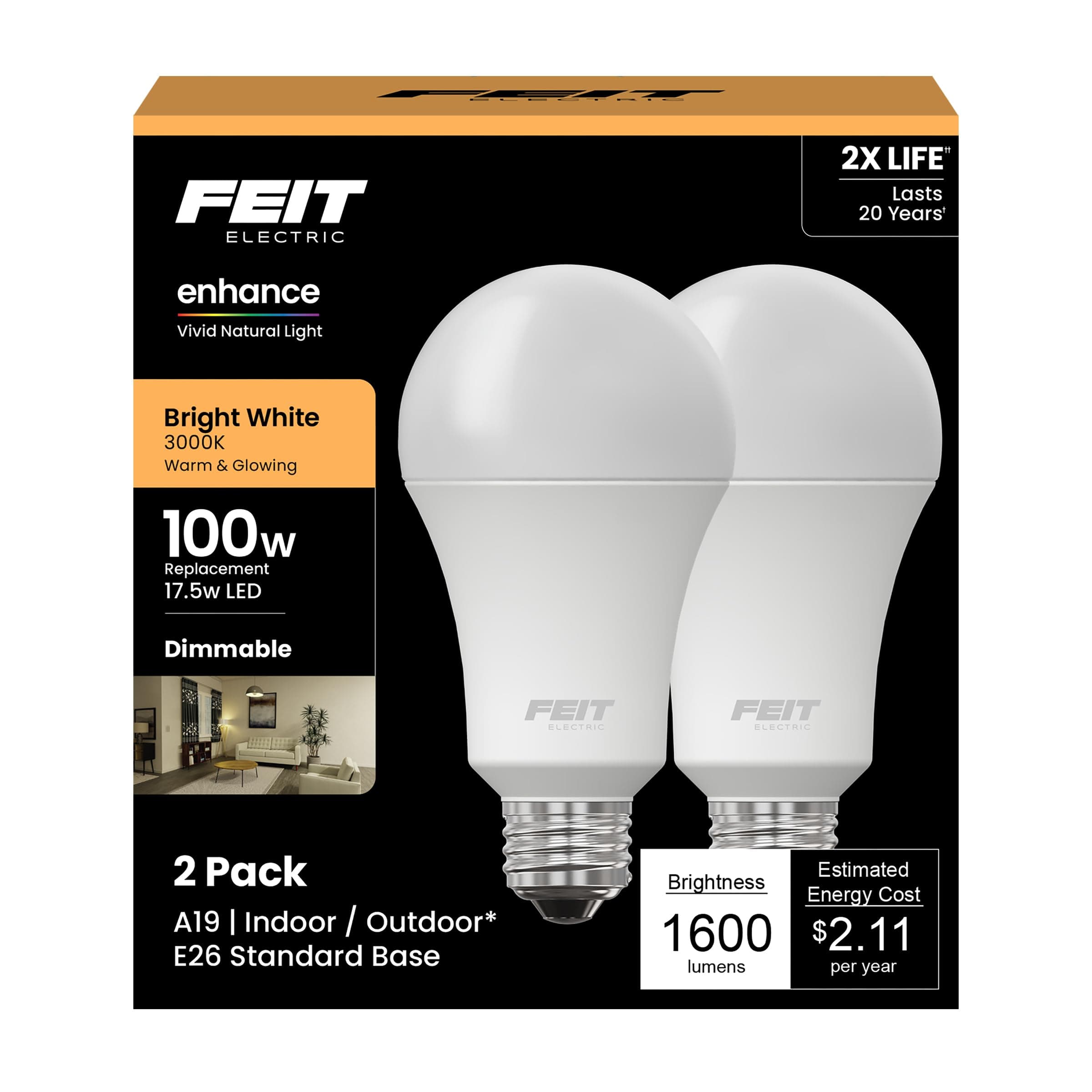A19 100W Equivalent LED Light Bulbs, Dimmable, 3000k Bright White, 1600 Lumens, 22 Year Lifetime, E26 Base, CRI 90, UL Listed, Damp Rated, 2 Pack, OM100DM/930CA/2
