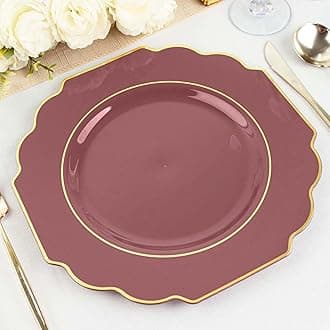 Efavormart 10 Pack | 11" Cinnamon Rose Hard Plastic Baroque Dinner Plates With Gold Rim, Heavy Duty Disposable Dinnerware