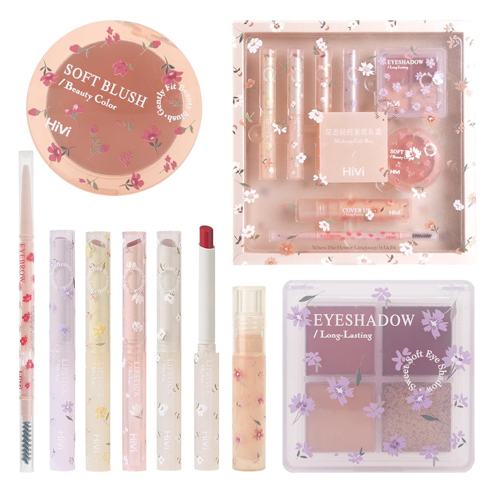 Makeup Kit for Girls, 8 Pieces Makeup Set, Include 4 Color Lipsticks and Eyeshadow, Eyebrow Pencil, Concealer, Blush Palette, Ideal Gift for Girls