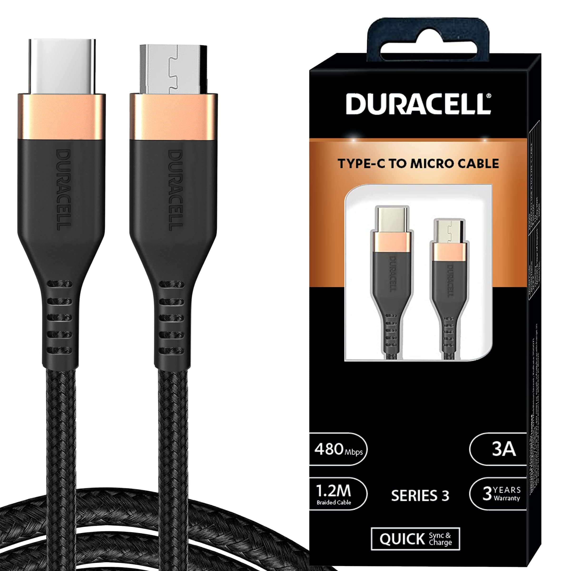 Duracell Type-C To Micro 1.2M braided Sync & Charge Cable, USB C to Micro Fast Charge Compatible for fast data transmission (Black)