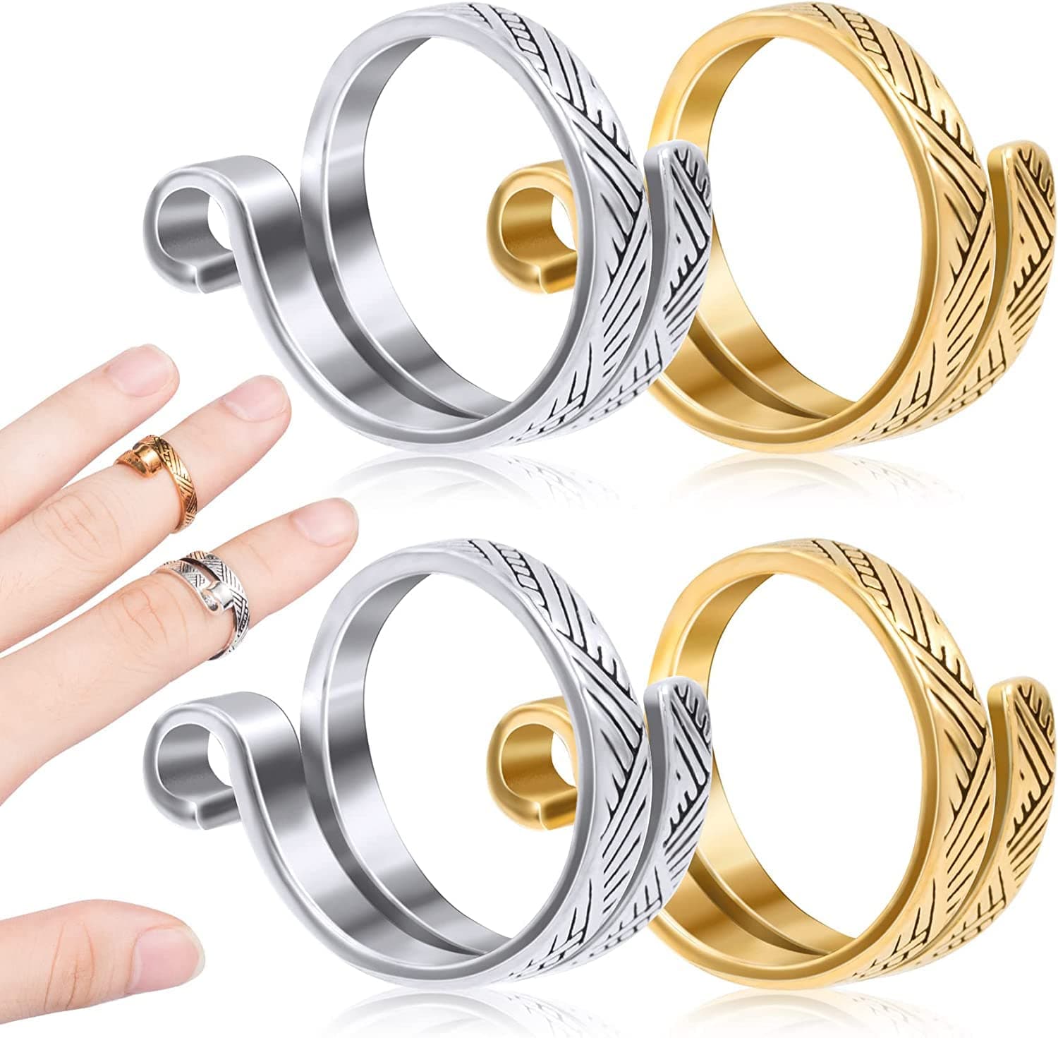 4 Pack Knitting Crochet Loop Ring for Fingers, Adjustable Crochet Tension Ring, Metal Open Yarn Guide Finger Holders, Knitting Thimbles for Crochet- 2 Gold & 2 Silver