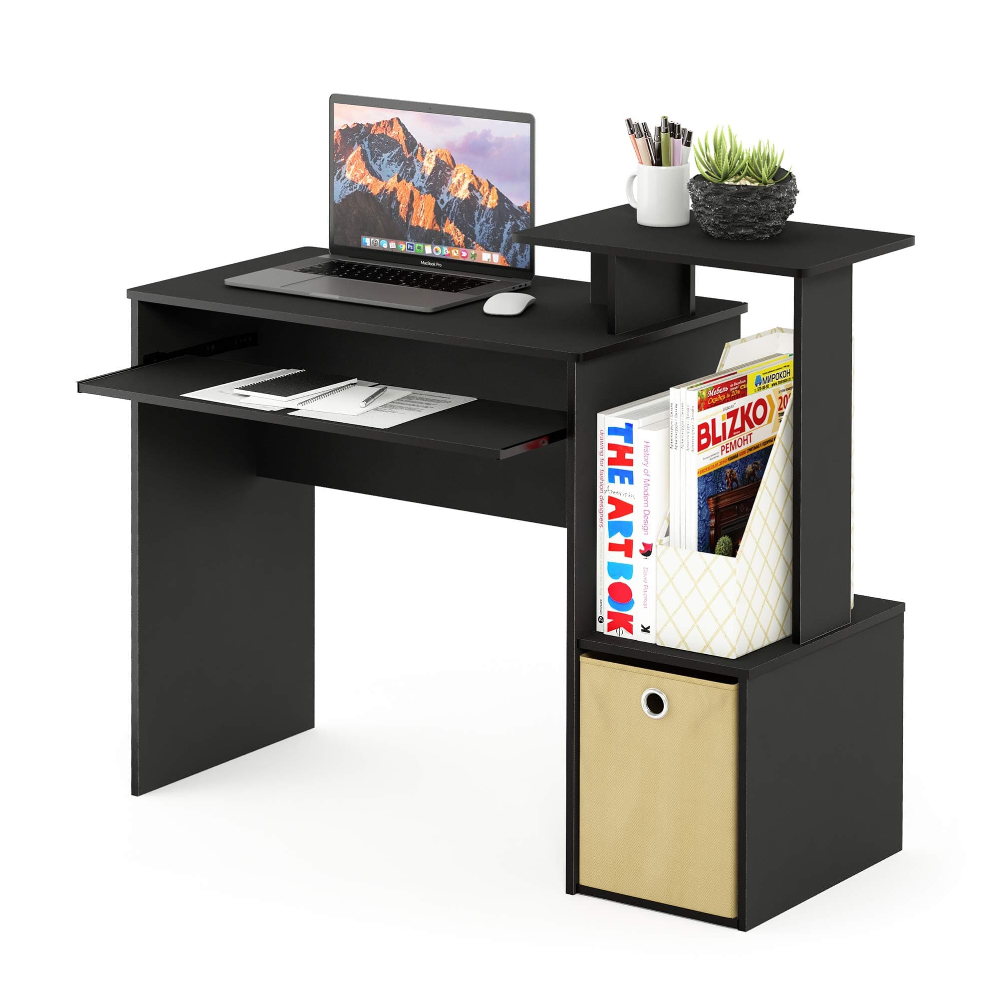 Furinno Econ Multipurpose Home Office Computer Writing Desk, Computer Desk, Study Desk, w/Bin, Black/Brown, 100.1 (W) x 86.6 (H) x 39.9 (D) cm