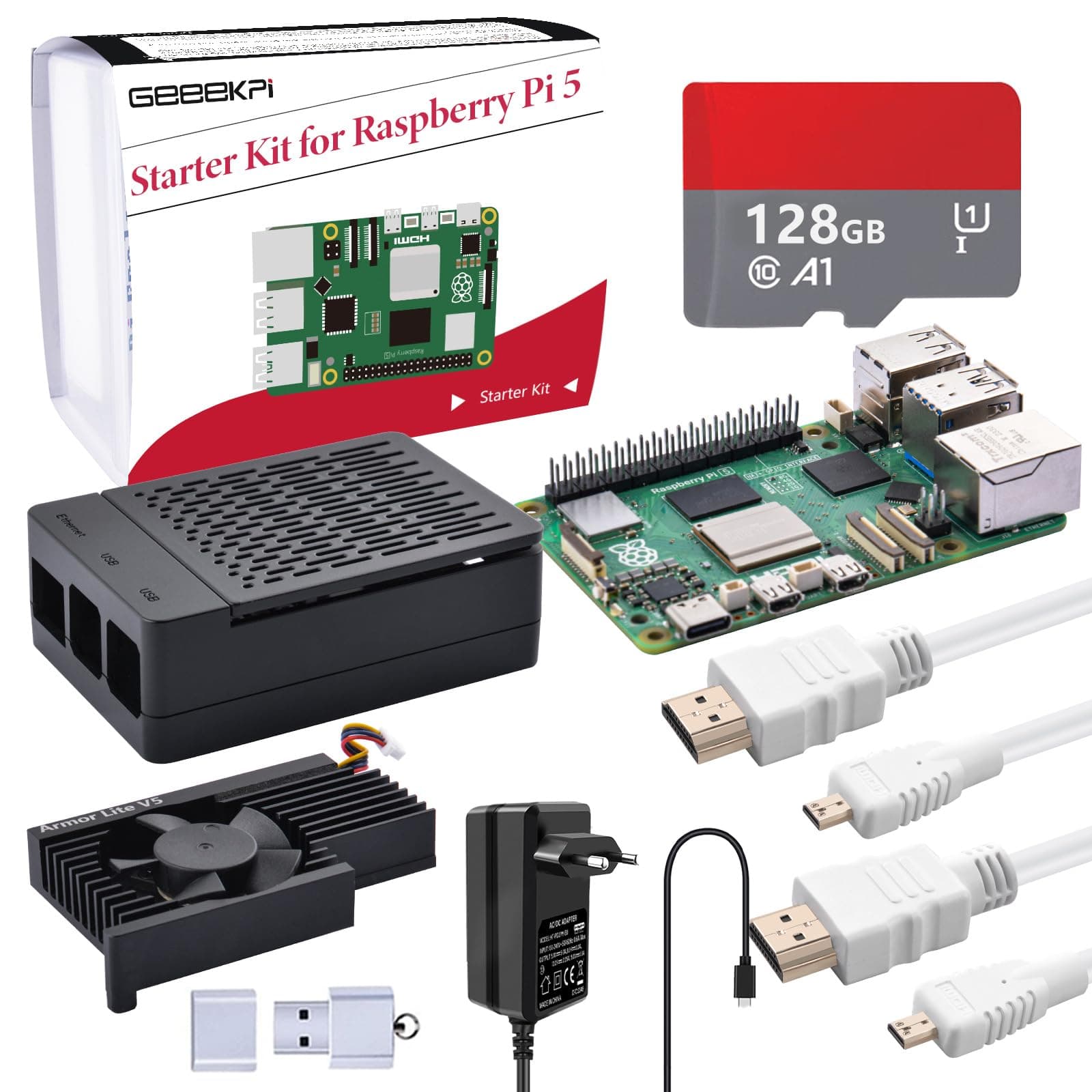 GeeekPi Pi5 8GB Starter Kit, Includes Pi 5 8GB RAM Board, 128GB SD Card, ABS Case, 3510 Fan, 27W USB C Power Supply, 2x 4K HDMI