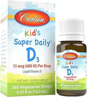Kid's Super Daily D3, Vitamin D Drops for Kids, 400 IU per drop, 1-Year Supply, Heart & Immune Health, Vegetarian, Liquid Vitamin D Drops, Unflavored, 365 drops