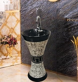 Modern Designer Pedestal Wash Basin Sink with Faucet Hole – Luxury Black & Marble Pattern Bathroom Sink, Freestanding Ceramic Pedestal Basin for Home & Hotel Bathroom (PD-05)